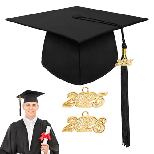 GZJINYUAN Unisex Matte Graduation Cap with Gold 2025/2026 Year Tassel Charm,Graduation Hat for Adults Bachelor Master (Black)