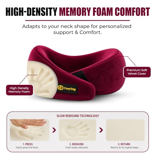 Image of Neck Pillow, Travel Neck Pillow with 100% Hi-Per Foam Memory Foam, Lightweight Neck Support Pillow for Flight Travel, Adjustable Velcro Straps, Free Travel Pouch, Bed, Car Neck Pillow (Wine)