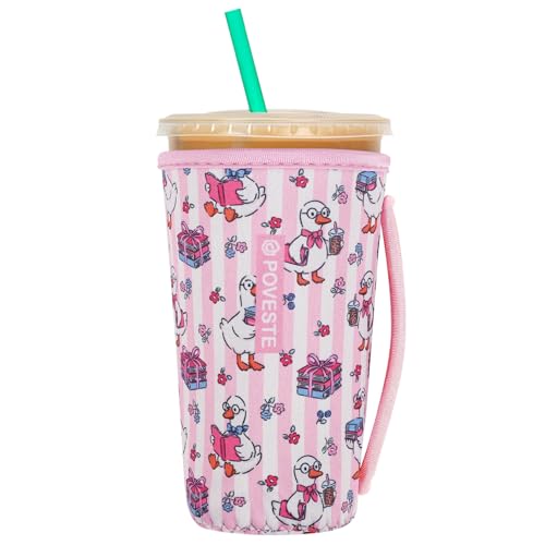 Image of Reusable Neoprene Insulator Sleeve for Iced Coffee & Cold Soda, Coffee Sleeves for Iced & Hot Drinks, Cold Beverage Cooler Compatible with Starbucks, Dunkin (Reading Goose, Large: 32oz)
