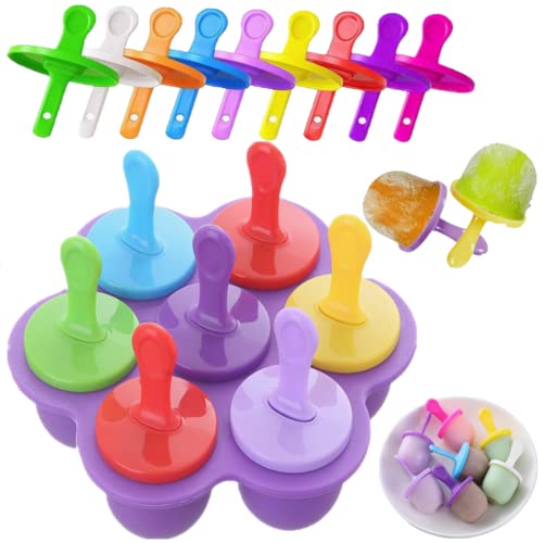 Image of Silicone Popsicle Molds Mini 7-Cavity DIY Ice Pop Mold With Colorful Sticks and Drip-guards Baby Food Storage Container Reusable Non-Stick Food Grade Popsicle Makers (Dark Purple)