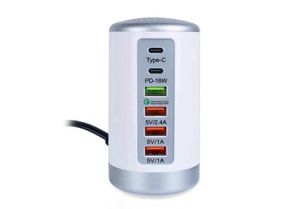 Desktop USB + C Type Charger Tower 65W 4A, USB Hub Charging Station for Multiple Devices, Portable Multi Port USB Charger Multi Adapter (6 port - White)