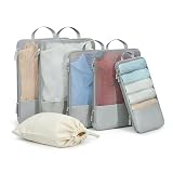 Fusanne Koffer Organizer, 6er Set Packing Cubes Kompression Grau mit Langgriff, Premium Packwürfel für Reise Business Urlaub, Ultraleichte Kofferorganizer, Packtaschen für Koffer mit, Wäschebeutel