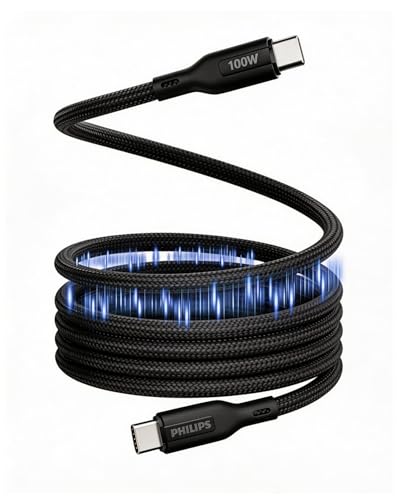Image of Philips 100W Fast Charging USB C to USB C Cable, 1 Meter Magnetic Nylon Braided Type C to Type C Cable for Phones, Laptop, C to C Cable 480Mbps Data Sync, Dark Slate