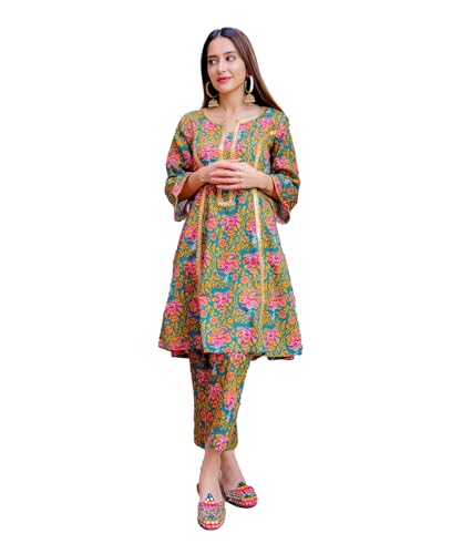 Image of LookMark Women's Cotton Blend Floral Printed Kurta Pant Set Suitable for Every Indian Occasion