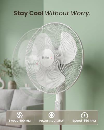 Image of Sujata BLDC Pedestal Fan with Remote | 2 Year Warranty | Stand Fan, 400mm Sweep, 1350 RPM | 100% Copper Winding, Silent Operation with Oscillation, Ideal for Home & Offices (Greenova Air - White)