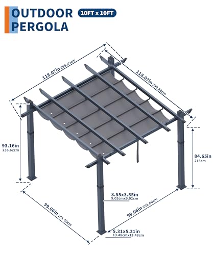 10 x 10 Ft Aluminum Pergola, Outdoor Metal Gazebo with Adjustable Canopy, Reinforced Frame Outdoor Shelter for Backyard, Patio, Lawn and Deck - Grey