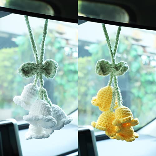 Image of Mirror Hanging Car Accessories Cute Little Lily of the Valley, Hand Knitted Crochet Flower Decor for Mirror, Rear View Mirrors,Key Chains (Pink)