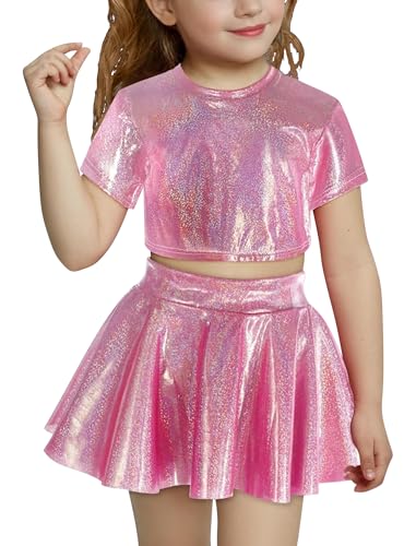 ODASDO Kids Girls Jazz Dance Outfit Shiny Metallic O-neck Short Sleeve Crop Top Pleated Skirt Set Sparkly Ballet Dancewear Stage Performance Latin Hip Hop Clothing Hot Pink 7-8 Years