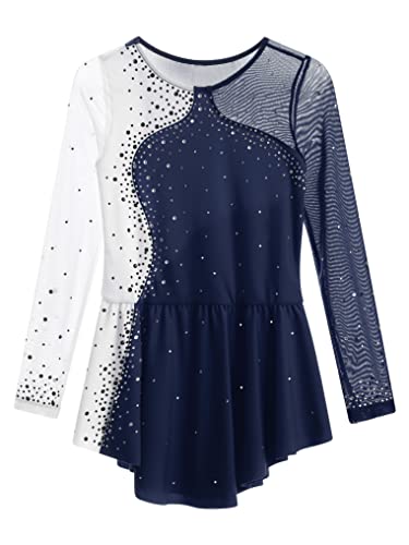 Oyolan Kids Girls Rhinestone Ice Skating Dress Mesh Splice Long Sleeve Leotards Skirted Junior Figure Skating Costume Navy Blue A 14 Years #TOP2