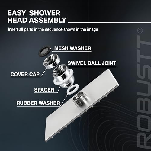 Image of Robustt Shower Head for Bathroom Overhead with 7.8 inch Arm | 8x8in Square Rainfall Bath Shower with 81 Anti-Clog Silicone Nozzles, 360 Swivel, High Pressure Flow & Chrome Finish | Easy Installation