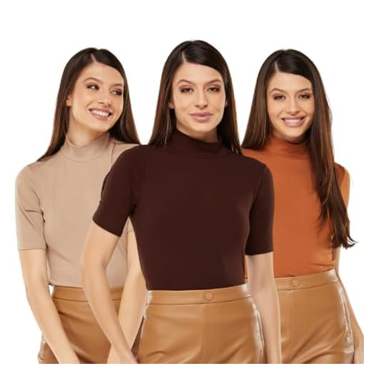 Kit 3 Blusas Tshirt Gola Alta Manga 3/4 Blusinhas Viscolycra Feminina (BR, Alfa, GG, Regular, Marrom Bege Caramelo)