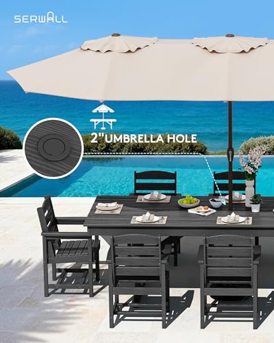 Image of SERWALL 9 Piece 84 inch HDPE Outdoor Dining Set for 8 with Armchairs and Umbrella Hole, Black
