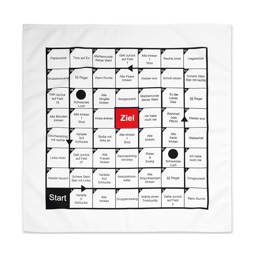 Trinkspiel Spielfeld, 54 x unterschiedliche Spielfelder, 70 x 70 cm Tischdecke gedruckt, deutsche Version, Saufspiel zum Vorglühen, Kater vorprogrammiert, Brettspiel Erwachsene, lustiges Partyspiel