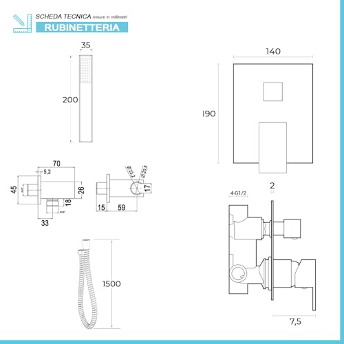 Set Doccia Completo Cromato Lucido Con Miscelatore Incasso, Soffione 30 Cm E Kit Doccia Con Presa Acqua, Flessibile E Doccino - 3