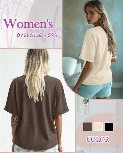 Huukeay 3 Pack Women's Oversized T Shirts, V Neck Loose Fit Rolled Sleeves Tops Cotton Shirts Summer Half Sleeves Tee2