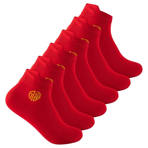 Men's Red Socks Ankle Socks Comfortable White/Black Casual With Heel Tab,Chinese New Year Socks, Size 6-10 (6 pairs)