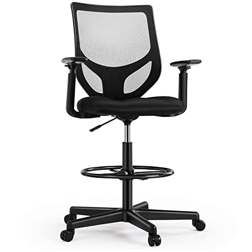 Drafting Chair With Adjustable Height Armrests And Foot-Ring, Tall Office Chair For Standing Desk Adjustable Height Office Desk Chair For Home Office, Breathable Mesh Swivel Rolling Tall Chair Black #TOP13