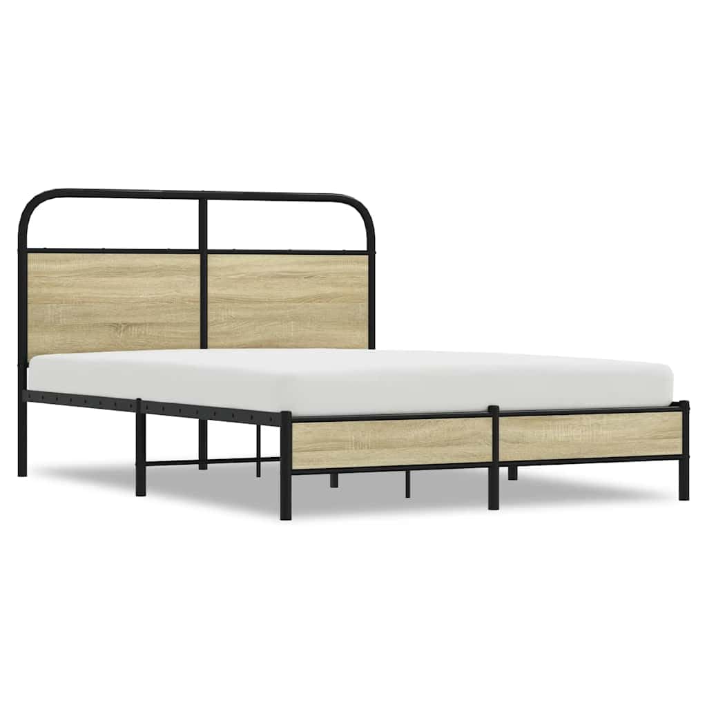 Estructura de cama de metal de 120 x 200 cm, sin colchón, cabecero de roble Sonoma, diseño moderno, marco de acero, somier de láminas de 27 cm de altura, para dormitorio y habitación de