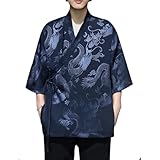 HZCX FASHION Cardigan Kimono for Men Black Silk Satin Robe Mens Lightweight Traditional Hanfu Silky Chinese Dragon Shirt(Navy,XX-Large)