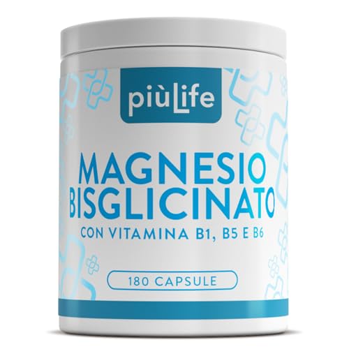 Magnesio Bisglicinato Capsule PiùLife, 300mg Con Vitamina B6, B1, B5, Organico – come Integratore Magnesio Glicinato ad Alta Biodisponibilità – Muscoli, Ossa, Sistema Nervoso, Stress e Stanchezza