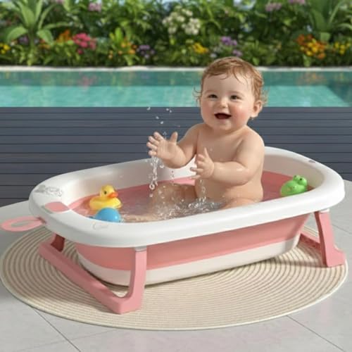 Image of Safe-O-Kid Tubbly Anti-Slip Folding Baby Bath Tub,with Support Cushion,Temperature Sensitive Plug,Portable Bathtub,Soap Tray,Easy to Store,Foldable Shower Pool for Kids Upto (0-4 Years),Pink