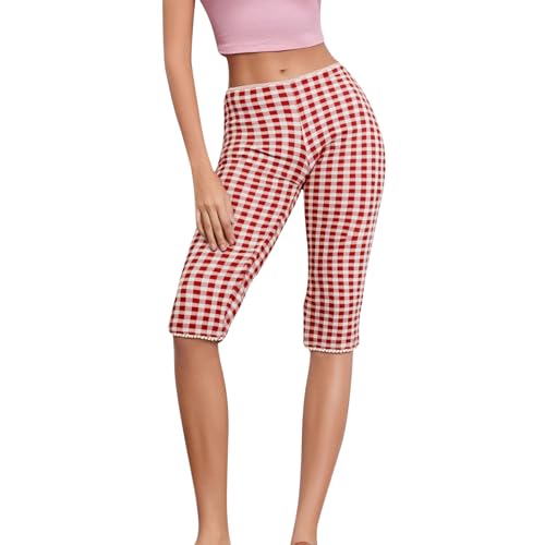 Women's Gingham Capri Pants Elastic Waisted Mid Rise Vintage Plaid Pants Skinny Leggings Cropped Trousers