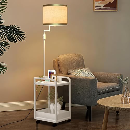 Image of Lightdot 63IN Floor Lamps with Table&Basket, Modern Standing Tall Lamps with Adjustable Fabric Shade and Movable Casters, End Table Lamp for Living Room /Sofa Beside /Corner Decor-White(Bulb Included)
