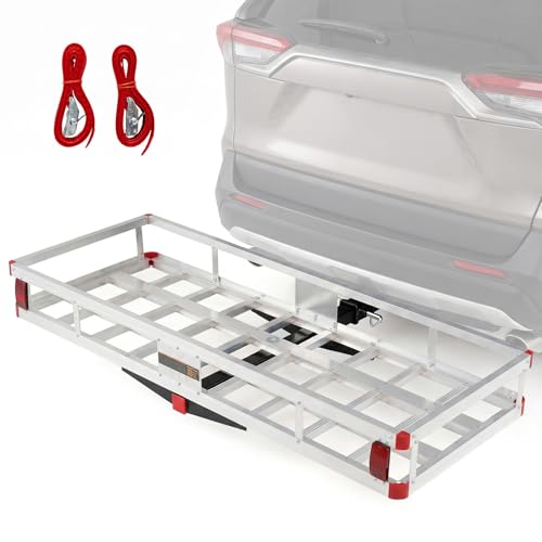 Toolsempire Aluminum Cargo Carrier Hitch Mount Luggage Basket with 9 High Side Rails 5/8 Pin Straps & Reflectors Heavy Duty Cargo Basket Fits 2 Receiver for SUV & Truck 500 lbs Capacity
