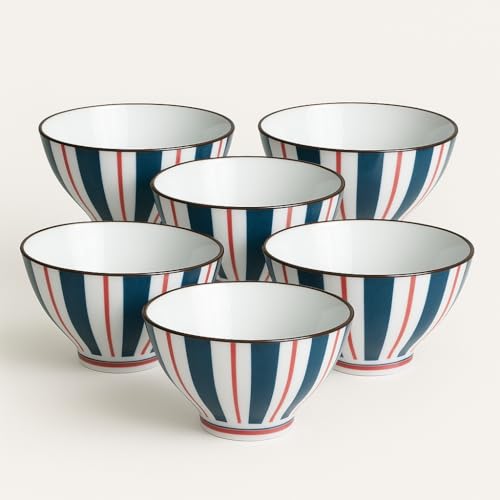Image of YELONA Japanese Style Ceramic Bowls - 4.8 Inch (300ml), Set of 6 - Striped Design Rice /Noodle Bowls - Microwave & Dishwasher Safe, Ideal for Gifting Choice