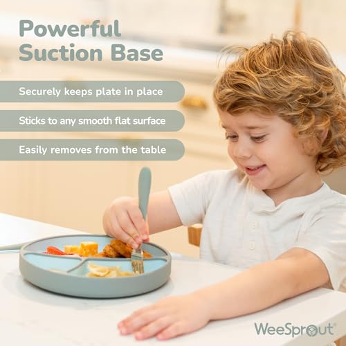 WeeSprout Silicone Suction Plate - Two-Tone Baby Plate with Suction Cup - Sectioned Divided Dish for Kids, Infants, Toddlers - Food-Grade Silicone Dinnerware (Pastel Blue/Matte Navy)4