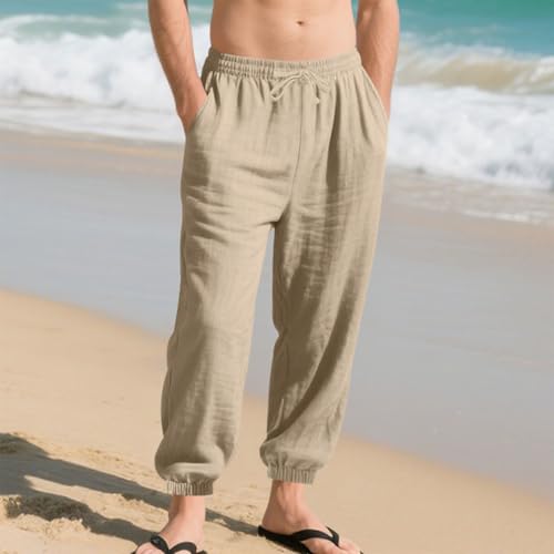 Mens Linen Straight Leg Relaxed Fit Lounge Trousers Elastic Waist Drawstring Summer Beach Cruise Wear Yoga Pants2