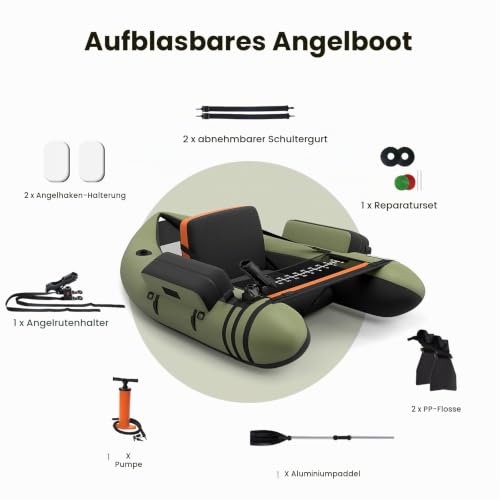 HOMASIS Schlauchboot, aufblasbares Angelboot mit Pumpe, Fischerboot mit verstellbarer Rückenlehne & Angelrutenständer, Belly Boat inkl. Alu-Paddel & Flossen, bis zu 160 kg belastbar, 136 x 105 x 54 cm – Bild 4