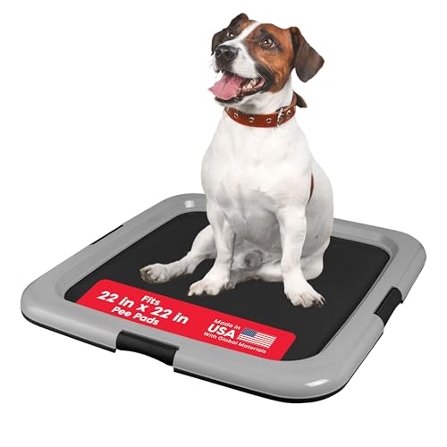 Image of IRIS USA Pee Pad Holder for Dogs and Puppies, Potty Training Tray with Secured Latches, Non-Skid Feet, Leak Protection, Easy Clean Surface, Fits 22 inchx 22 inch Puppy Pads Size or Larger, Black /Gray