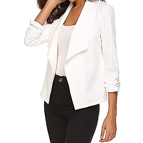 Blazer Blanc Surdimensionné pour Femme - Col Rabattu Taille 48-52 Manches 3/4 Froncées - Veste de Costume Blanche