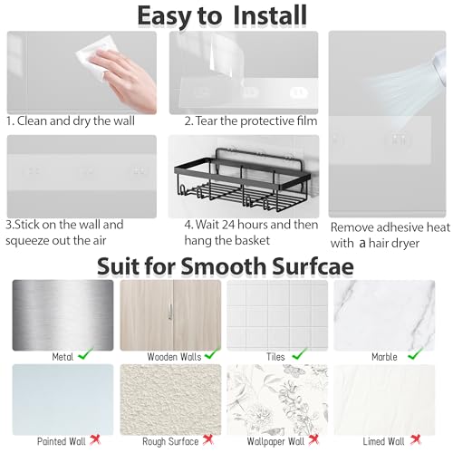 Image of Liuoud Shower Caddy 5 Pack XL-Size Adhesive Stainless Steel Organizer | XL Capacity, With Strong Adhesive, Rustproof, No Drilling Wall Mount Shelvs For Daily Bathroom Organization Decor Set, Black