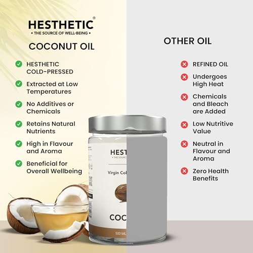 Image of HESTHETIC Cold Pressed Virgin Coconut Oil Combo | Kitchen + Home Pair | Pure Nariyal Tel (VCO) | Unrefined for Cooking, Baking, Hair & Skin Use | Glass Bottles (500ML(Jar))