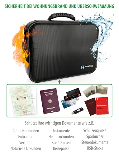 Hochwertiger Feuerfester Dokumentenkoffer - Original Protecticure Dokumententasche Feuerfest & Wasserdicht - Wichtige Dokumente vor Wohnungsbrand + Hochwasser schützen - 45 Staumöglichkeiten