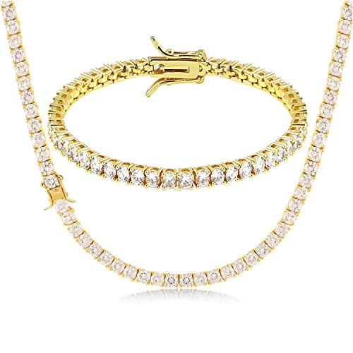 putouzip Tennis Chain Necklace Bracelet For Men 18K Gold Plated 3/4/5MM Round Cut Faux Diamond Link Chains Jewelry Set