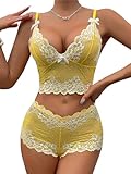 Lilosy Sexy Women Lace Pajamas Lingerie Set High Waist Sheer Sleepwear See Through Nightwear Bow Ties Cami Shorts Bra and Panty 2 Piece Floral Yellow Medium