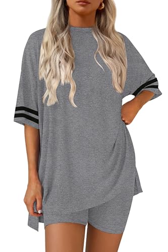 Image of Ekouaer Womens Pajamas Casual 2 Piece Short Sleeve Biker Shorts Lounge Set