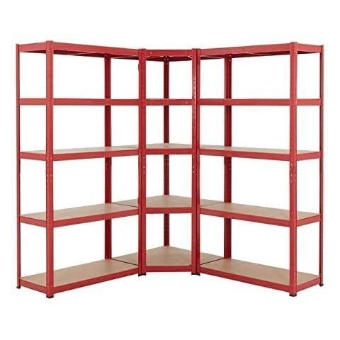 BiGDUG Red 5 Tier Garage Corner Shelving Kit 178cm H | Metal Boltless Workshop Shed Storage Racking | 875kg Capacity Per Bay x2 5 Tier Units & 1 Corner Unit Cover