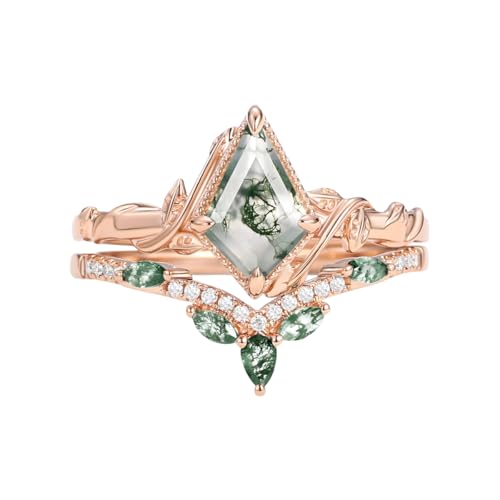 925 Sterling Silver 1.5 CT Leaf Kite Cut Moss Agate Ring for Women Dainty Moss Agate Bridal Set Rings Engagement Wedding Promise Ring Jewelry Gift for Wife Friends3