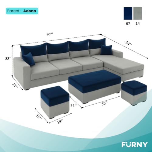 Image of FURNY Premium Huster 8 Seater Fabric RHS L Shape Sofa with 2 Ottoman + 1 Centre Table Ottoman Set for Living Room | with Velvet Fabric in Dark Blue & Light Grey