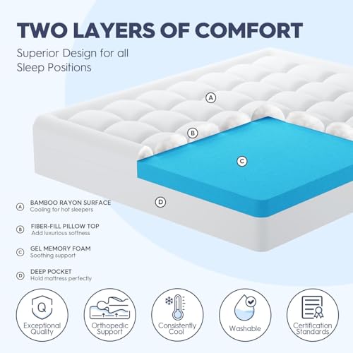 Image of ELEMUSE 3 Inch Queen Size Dual Layer Memory Foam Mattress Topper, 2 Inch Cooling Memory Foam, 1 Inch Luxury Plush Pillowtop, Premium Pressure Relief Bed Pad for Hot Sleepers, Hotel Comfort Upgrade