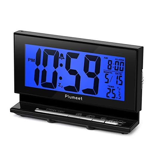 Auto-Night Light Clock - Plumeet Digital Alarm Clock Large LCD Display with Low High Dimmer Backlight Temperature Calendar - Ascending Sound and Snooze Function - Battery Operated Only (Blue)