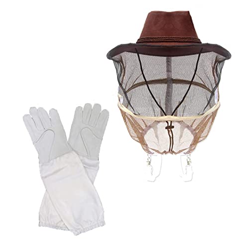 2 in 1 Beekeeping Cowboy Hat Beekeeper Hat with Goatskin Beekeeping Gloves Beekeeping Cap Beekeeper Cowboy Comfortable Design Bee Hat