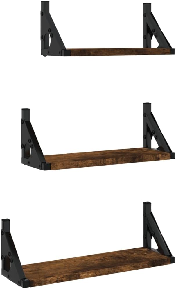 3 Piece Wall Shelf Set, Smoked Oak Engineered Wood, Floating Ledge Design, for Room Decor, Bathroom, Kitchen, Living Room, and Bedroom Wall Storage