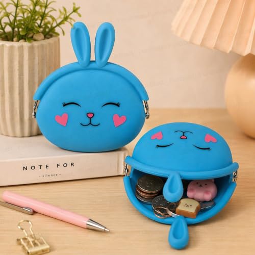 Image of FunBlast Cute Bunny Shape Silicone Coin Purse for Kids & Adults - Mini Pouch for Coins, Earphones, Keys & Small Essentials, Aesthetic Pouches for Girls & Women - 12 X 9.5 X 3 Cm (Bunny-Blue)
