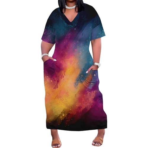 Image of SUZONANA Women Casual T-Shirt Dress V Neck Short Sleeve Solid Color Oversize Dress with Front Two Pockets