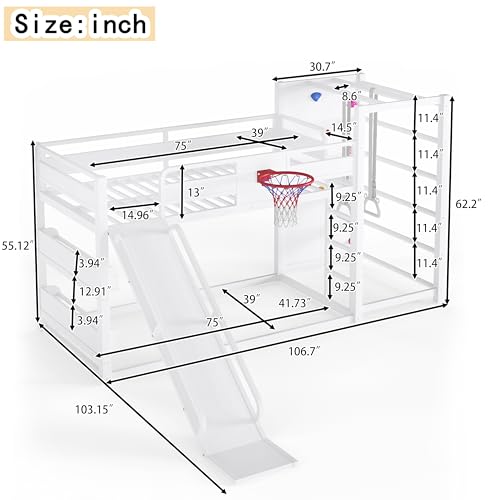 Image of Bellemave Bunk Bed Twin Over Twin with Slide, Basketball Hoop & Climbing Wall, Heavy Duty Metal Twin Bunk Beds for Kids with Guardrails, Low Bunk Bed for Bedrooms, No Box Spring Needed, White